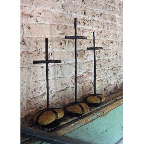 Scrap Metal Crosses with Caged Rock Bases