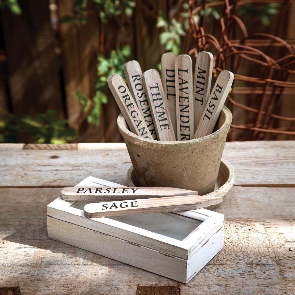 Wooden Herb Plant Stake Garden Markers in Wooden Box