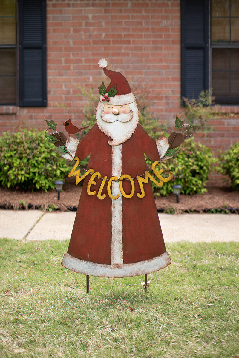 Metal Santa Holding Yellow Welcome Sign Outdoor Yard Stake