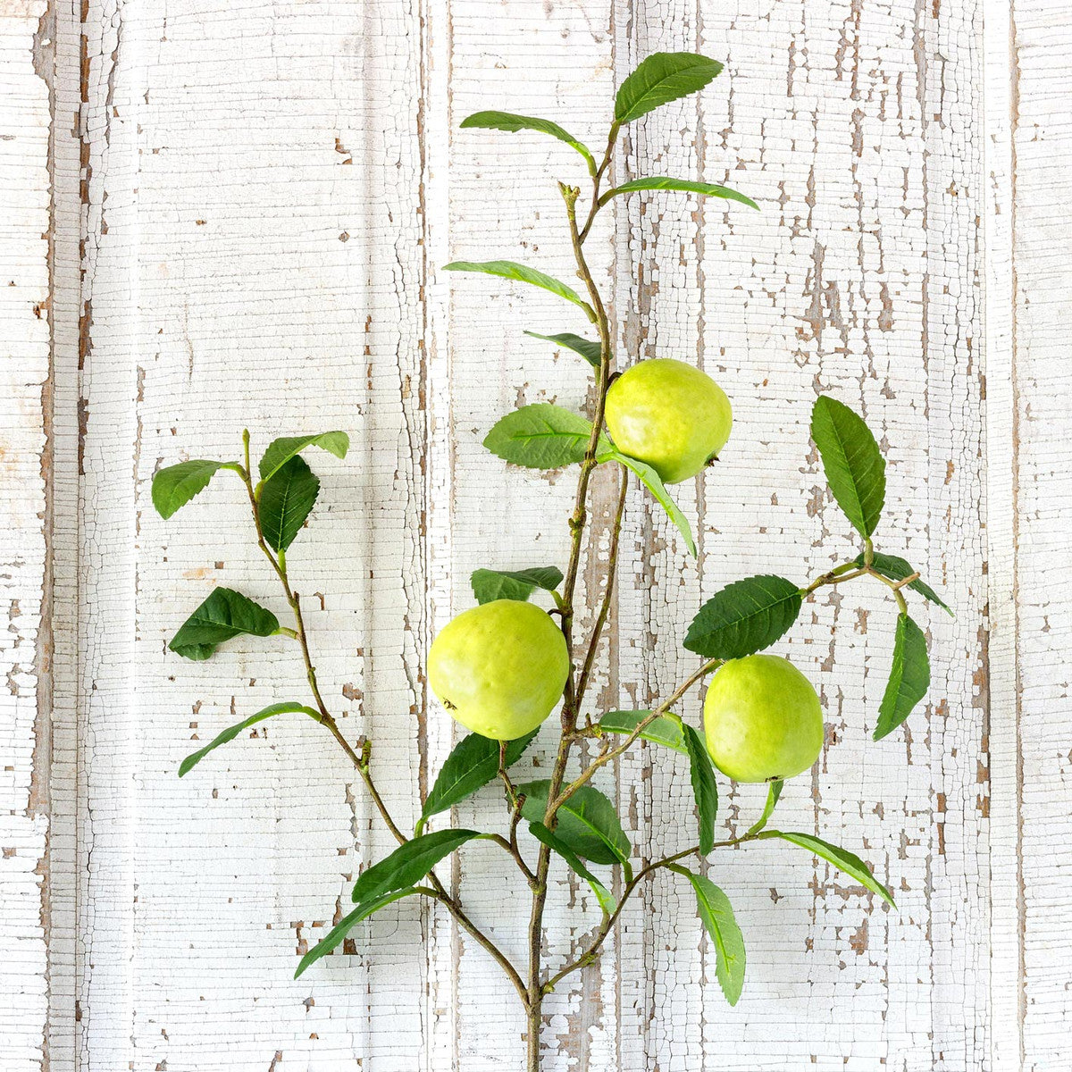 faux yellow quince with green leaves that's  artificial on white wood board
