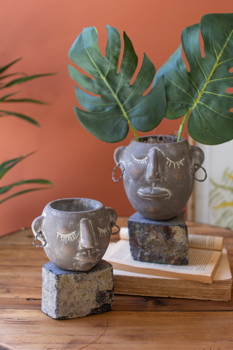 Clay Face Pot With Rock Base, Set of 2