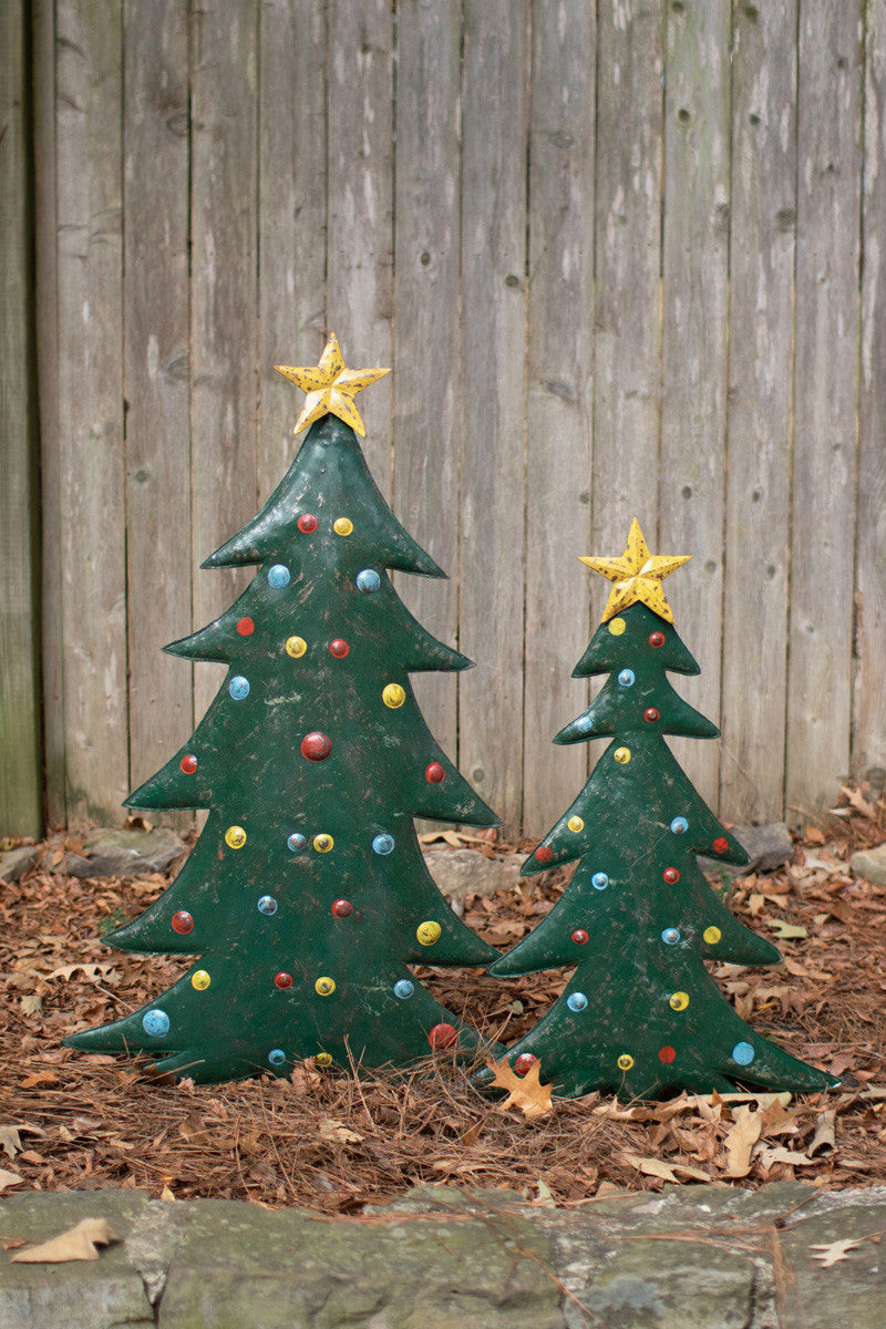 Hand Hammered Metal Christmas Tree Yard Stakes, Set of 2