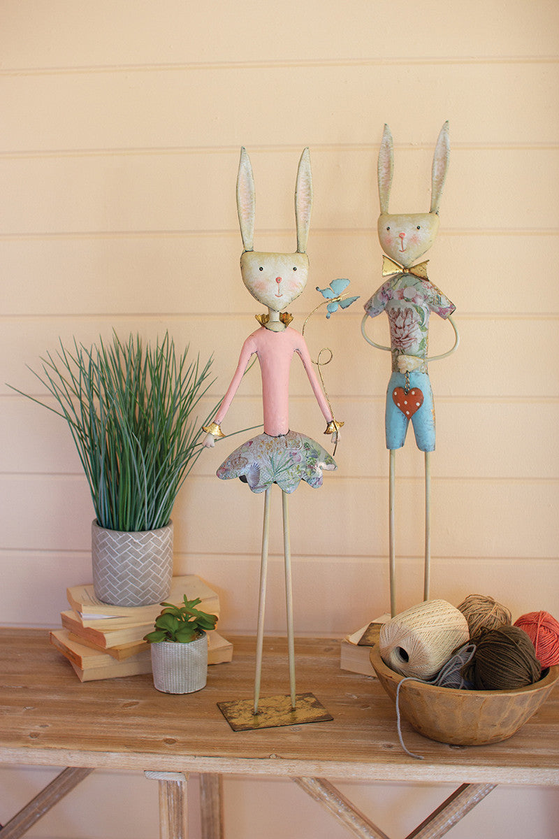 Painted Metal Long Leg Boy & Girl Rabbits