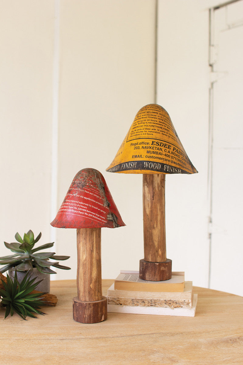 Recycled Red and Yellow Metal Mushroom Art, Set of 2