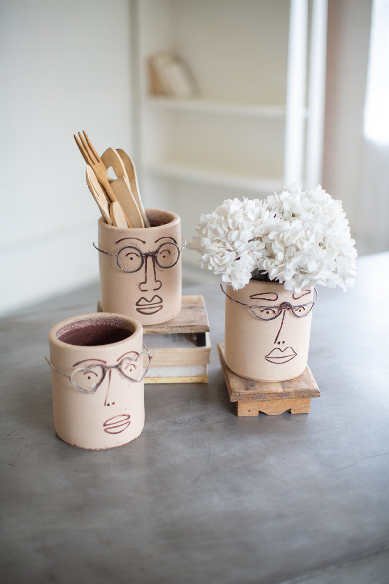 Clay Face Planter With Wire Glasses, Set of 3