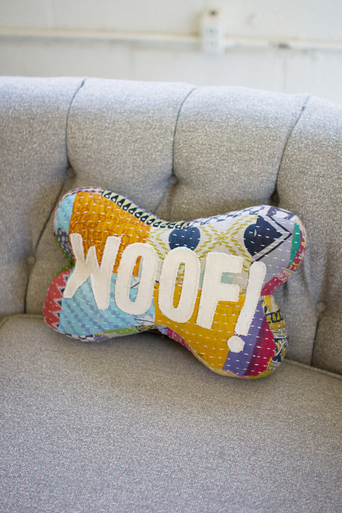 Woof Kantha Dog Bone Pillow